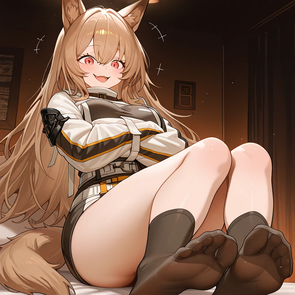 Azur Lane Slow Ahead Style, score_9, score_8_up, score_7_up, source_anime, rating_safe, BREAK akaginor, 1girl, akagi \(azur lane\), fox girl, red eyes, brown hair, long hair, blunt bangs, sidelocks, fox ears, fox tail, multiple tails, large breasts, hair tubes, black thighhighs, naked, on a bed, laying on her stomach, on her hands and knees position, facing away from viewer, looking back over her shoulder