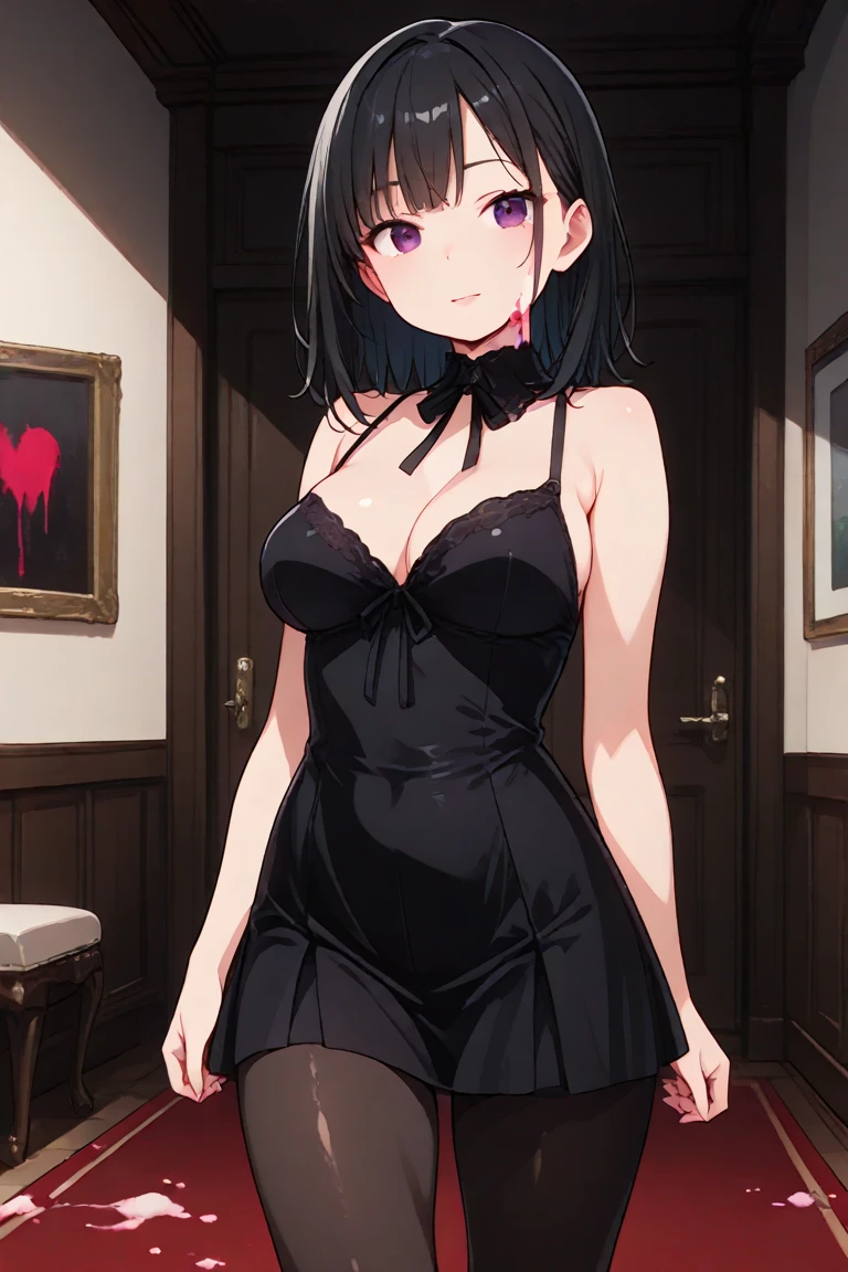 masterpiece, best quality, ultra-detailed, illustration,(1girl), Sarada Uchiha, looking at viewer, close up, (breast focus), (arms above head:1.2), (from above:1.1), black hair, Medium breasts, (breasts out:1.3), (off shoulder:1.1), lace underwear, random pantyhose, black hair, red eyes, Sharringan eyes,