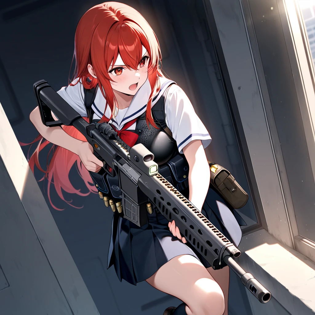 tank、tankに乗り込む乳首がたっている巨乳少女、A small-breasted girl in a bright red military uniform、Girl with assault rifle