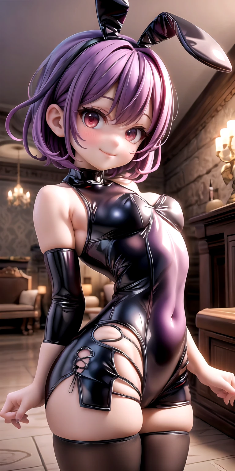 Highest quality、Neat and beautiful face、((Large Breasts:1.2))、Full body photo、((Sweaty 1.5))、((Shiny skin 1.4))、Beautiful lighting、Natural Lip、((Pink hair 1.6))、((Large Breastsの谷間が見える))、((Sexy black and purple bunny suit))、((Bunny ears headband、A bow tie))、Bunny girl、Gorgeous Accessories、Knee-high socks、Cute Smile、Dark Background、Thighs
