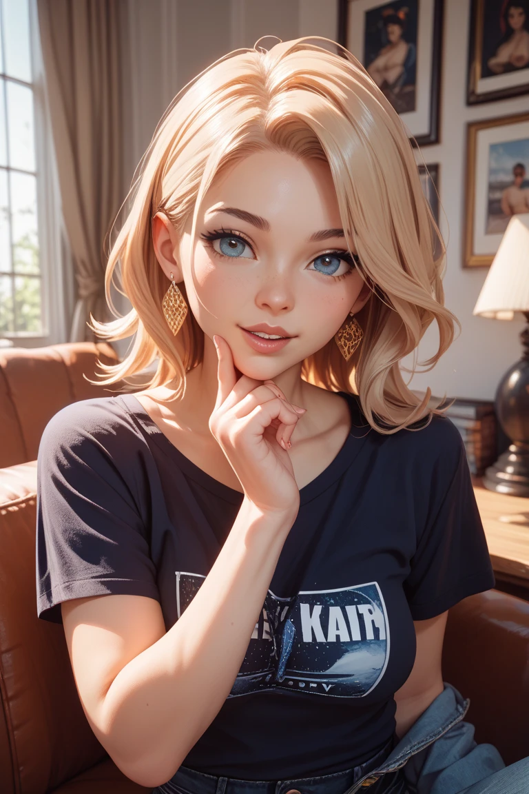 rich in detail, Incredible color strokes and detailed lighting, amazing detailed face, amazing detailed hair, incredible detailed eye, amazing detailed nose, amazing detailed lips. a young, beautiful girl wearing a white t-shirt smiling with her arms crossed, with her short blond hair combed. with happy expression android 18.