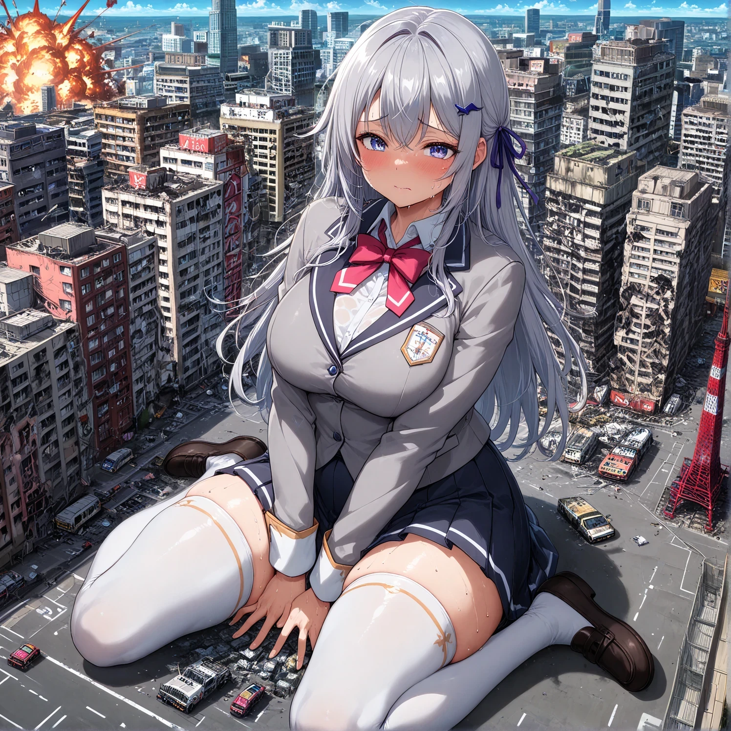 shy face、Female Giant、(1 million kilometer long)、、press your chest against the city、Destruction、Destruction、Highlight the valley、徹底的に街をDestruction、buildings collapse、masterpiece、Best Quality、、((((Big))))、plump thighs、blazer behind the face、loafers、sweaty、tower crane、((Big Explosion))、Tokyo Tower、cars and buses、truck、taxi、(((full of dwarfs)))、(((((Port town)))))、
