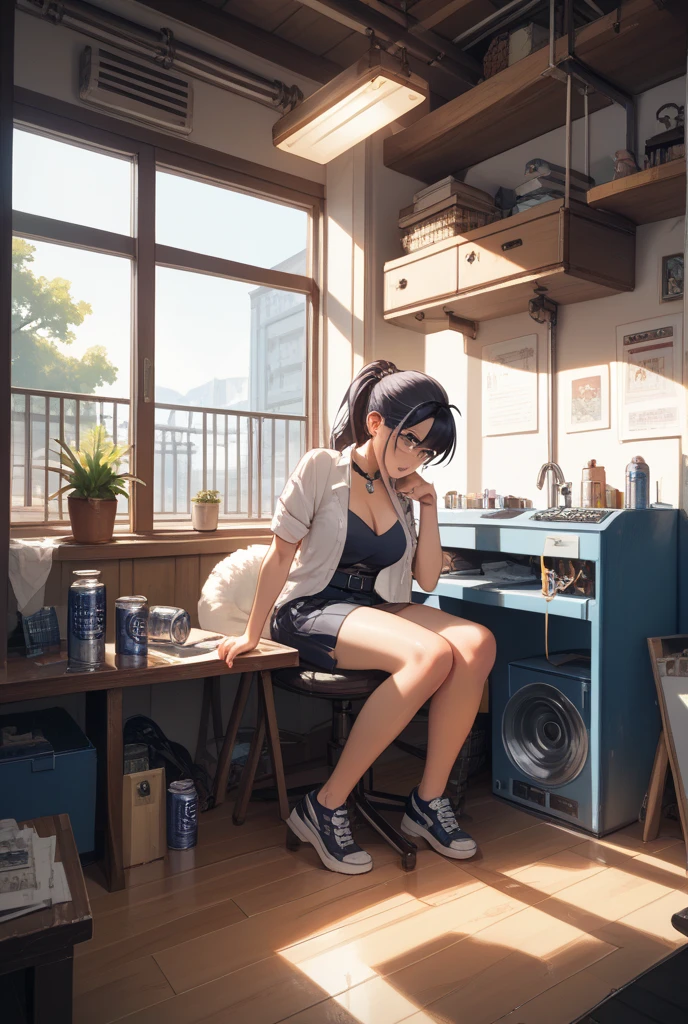 (masterpiece),(illustration with very saturated pulp color), (vintage worn paper edges), (full shot view of the image), a very young girl with an innocent face in a bikini sitting in an armchair, in the background a futuristic city, orange afternoon light, wet floor reflecting, dirt, garbage on the floor, stacked boxes, metal shelves full of things, pipes in the walls