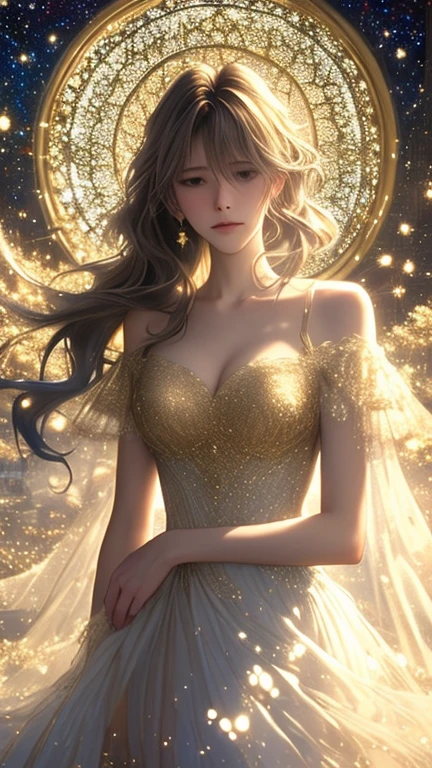 Masterpiece，highest resolution，((moon))，Wear a silk dress to cover the body.,Set of beautiful noble ladies，Chestnut brown hair curled elegantly.，clear purple eyes，The hair was covered with beautiful and delicate flower crafts., Filigree crystal jewelry，Very detailed details，raise the level，The world rose up,HD,120K,