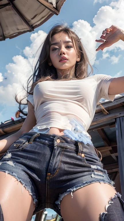 woman, (((from below))), busy city, foreshortening, (seductive pose), looking at viewer, mad, whitecutoffs, (eye contact), malaysian, photorealistic, masterpiece, realistic, high contrast, hyper detailed, best quality, ultra high res, photorealistic, high resolution, detailed, raw photo,