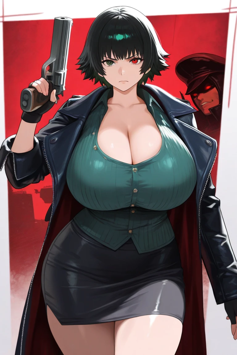 full body standing looking to the camera, 1sologirl, mature, bright eyes, blushing, short hair, black bikini, abs, big knockers, tatter rags, chain collar, stomach tattoo (red tattoo) big breast (Kei Kishimoto)