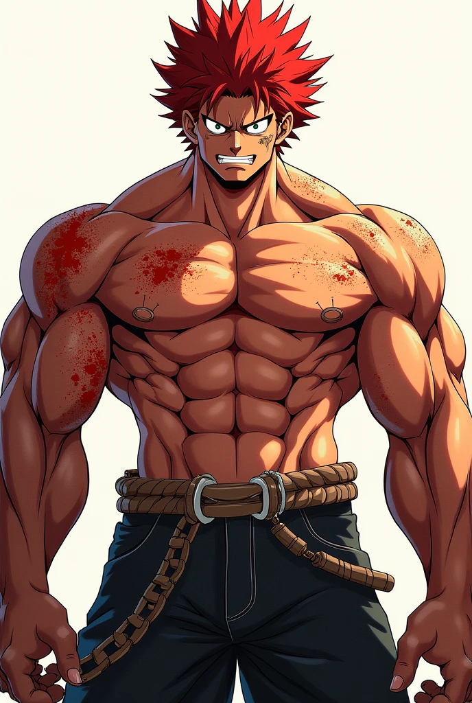 (anime) Enji Todoroki from My Hero Academia, shirtless and bandaging a hand, sweating after a workout. He has a serious expression, and his scars on his arms, chest, and abdomen are visible.