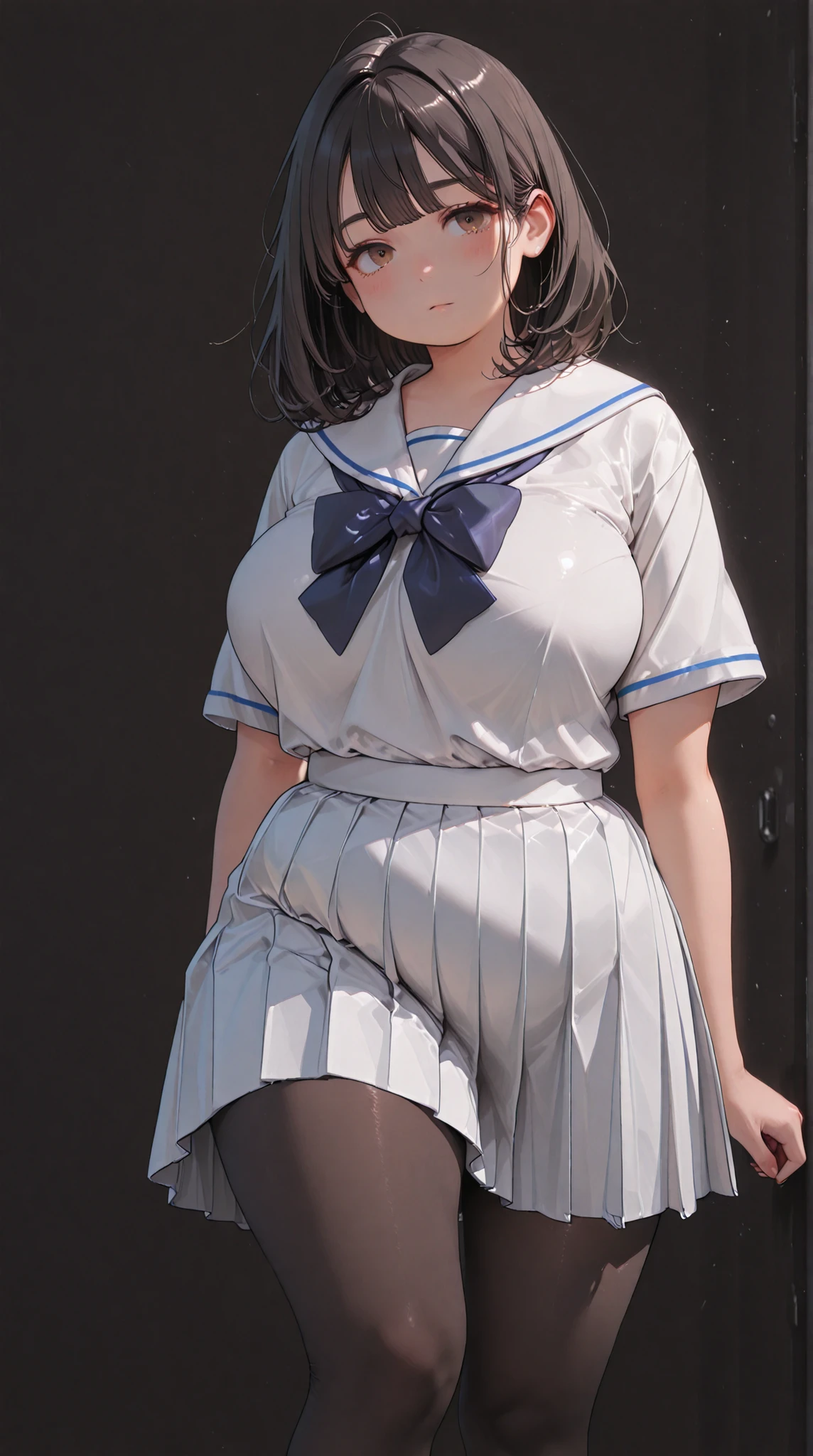 Shelley Gee, (masterpiece, Best Quality, high resolution: 1.2), , Alone, brown eyes、chubby body、Super Big Breasts、big waist、cylindrical body type、No facial expression、 jet black background 、dark haired、Fat body 、Bang、bow tie、plump body、white sailor suit top、long pleated skirt（Knee-length）
Moving Poses、big breasts、
、medium hair in the room、
pantyhose、knee kick
