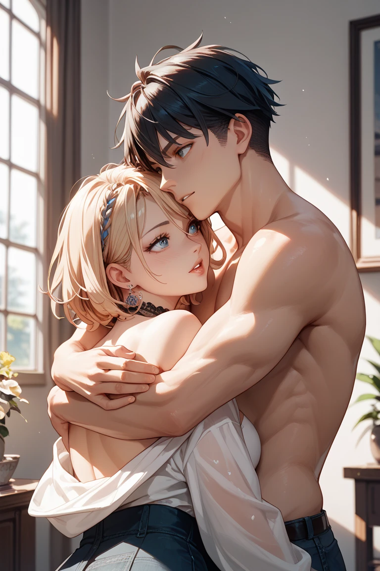Highest quality、Realistic、zoom、male、twins、cute、Grey Eyes、Light brown hair、short hair、White briefs、thin、Gazing at each other、living、Bust Shot