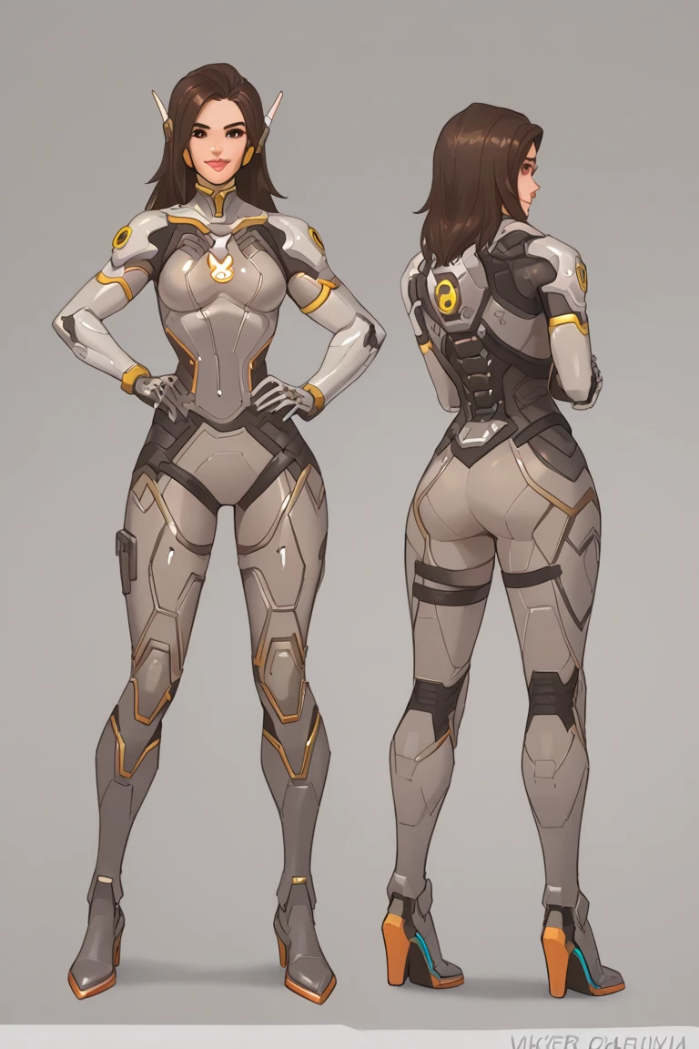 stylized style, Overwatch style female character concept, full body back and front view, robot detailed face with round eyes, rogue theme, body covered with armor