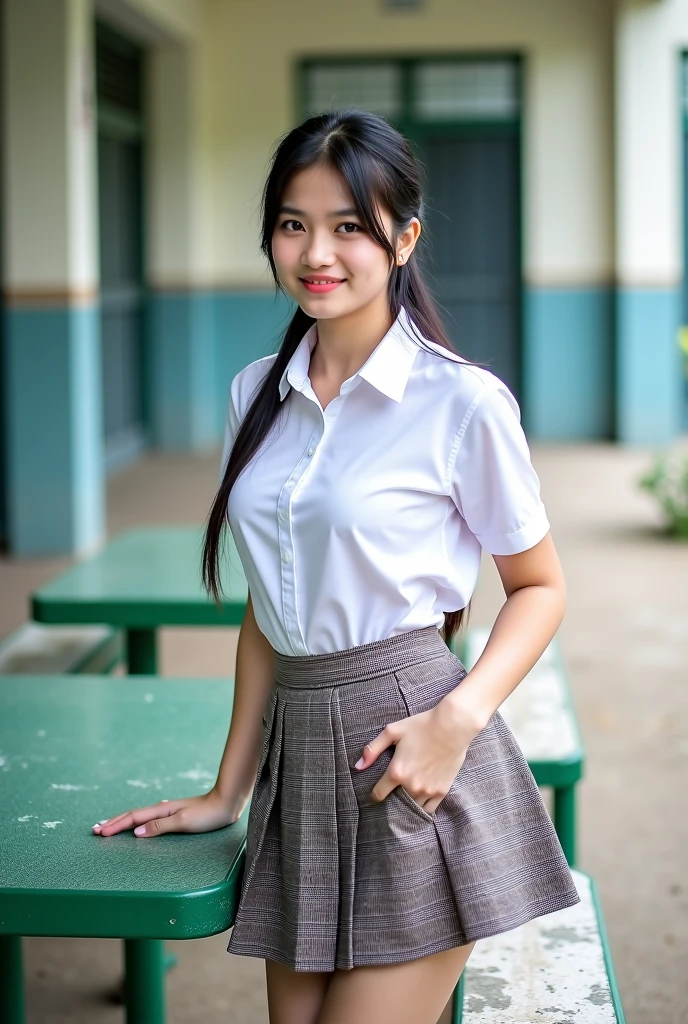 1girl, solo, 19 years old, (uniform), sits on something, detailed Metropolitan city at the background, portrait, thick breasts, semi-curvy body, smooth realistic skin, cute smirk, white shirt, grey blue short skirt, looking at the audience, high angle shot,(8k, RAW photo, best quality, masterpiece: 1.3), (realistic, realistic: 1.37), ultra-high resolution, cowboy shot