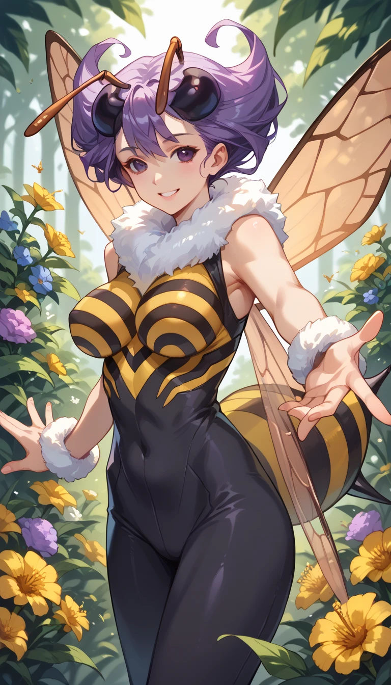  ((masterpiece,best quality,ultra-delicate,Perfect Face,16k,high resolution,very beautiful lady)),yellow butterfly wings on the head,brown medium short hair,black oval hair ornaments:1.2,green leotard,green long boots ,green long arm gloves, large breasts,gold necklace,cowboy shot,