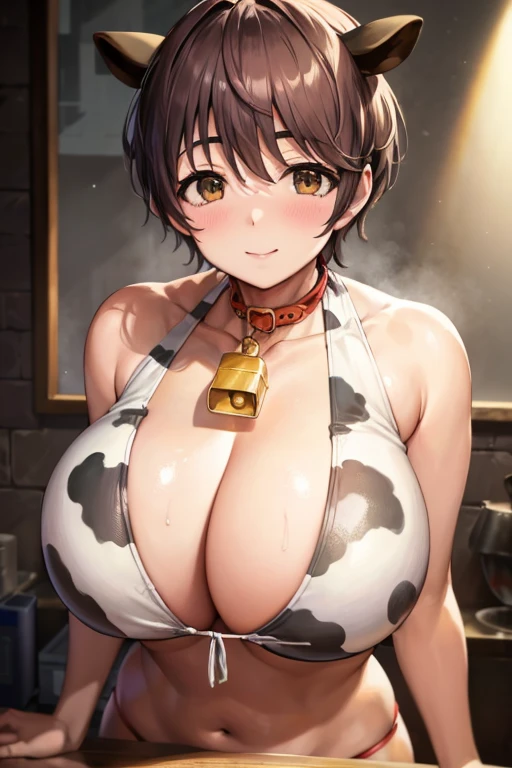 Anime illustration、highest quality、A short and plump high school girl、Cowbell collar、Large round earrings、Holstein daughter、Cow print tube top、hot pants、Cow print knee socks、Perfect proportions、vast ranch、Pasture、Clear skies、overwhelmingly big breasts、Beautiful, shining eyes、Cowboy Shot、smile、Excessive sweating、Noise Reduction、detailed hand