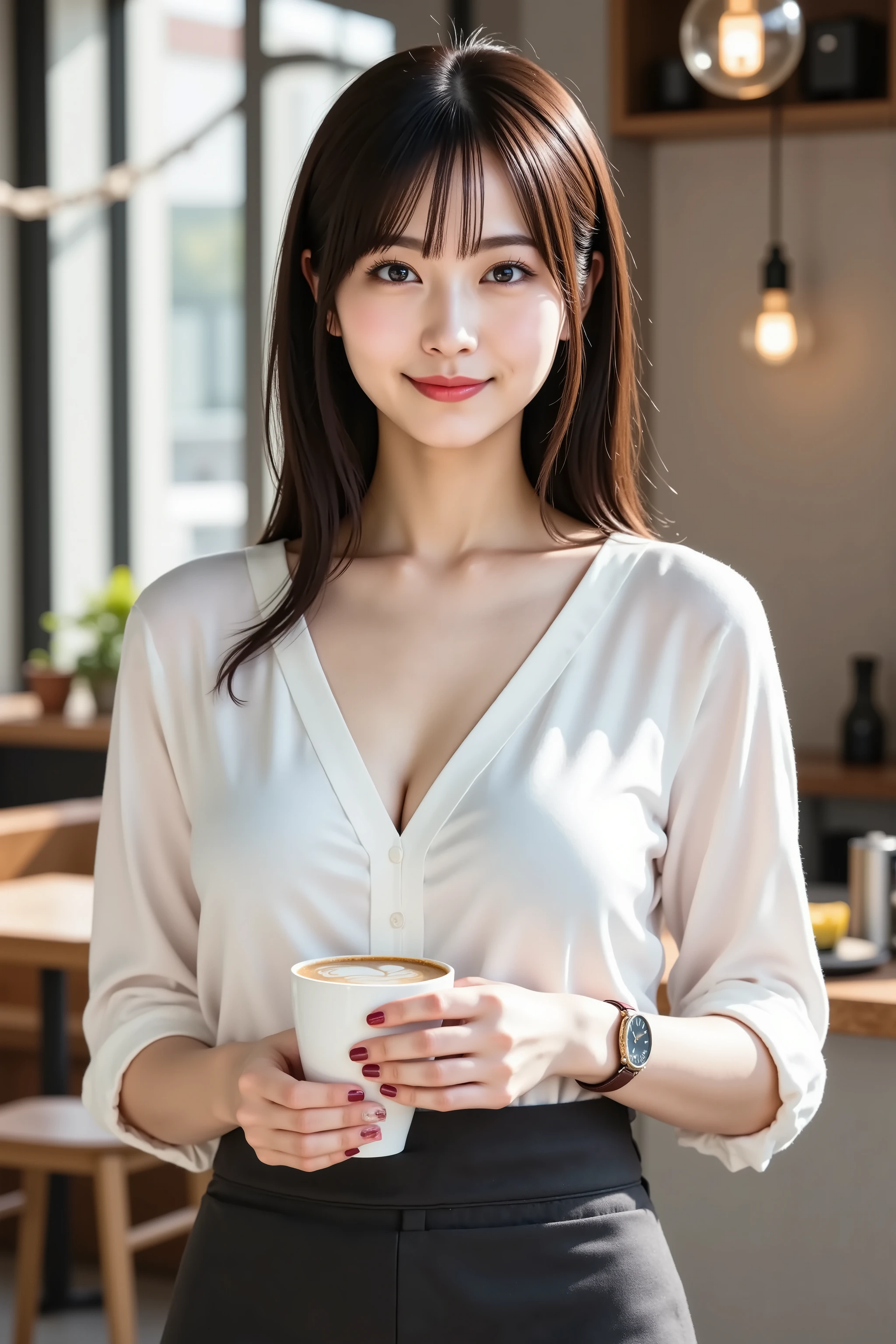 1lady sitting, holding a mug, office worker outfit, beautiful mature female, brown hair, bangs, light smile, (masterpiece best quality:1.2), delicate illustration, ultra-detailed, /(modern office indoors/), night skyscraper, Busty Big Breasts, sexy, seductive, 8K resolution, High quality CG, Beautiful CG, Soft Light