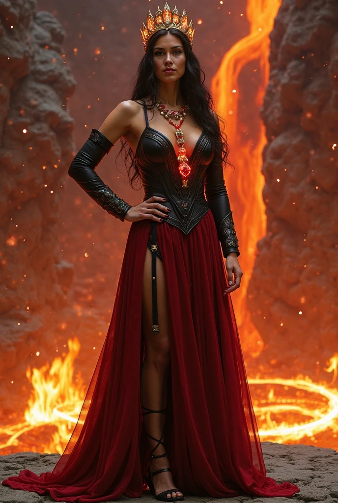Create a woman wearing an elegant dress made of dark blood red dragon scales with a slight black gradient. The dress has a slight neckline and points at the end of the dress and at the end of the mango it has a slightly burnt appearance and orange-red from fire.