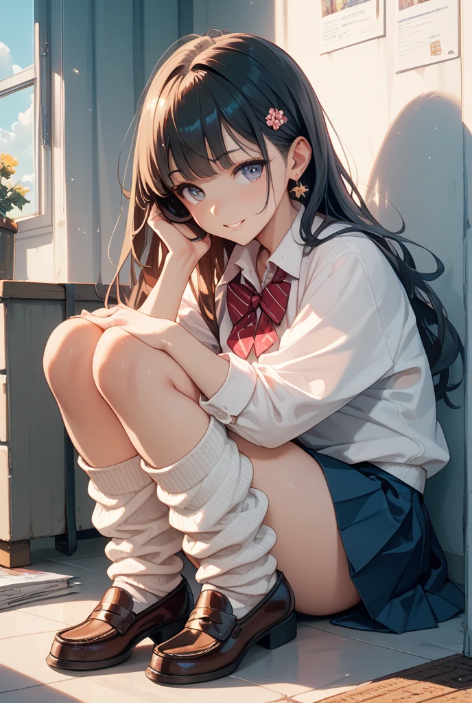 Realistic, Lip gloss, Realistic, Highest quality, Ultra-high resolution, depth, pastel colour, Natural Shadows, Focus on the face, Just a face, Looking at the audience, Long Hair, Brunette Hair, Brown, narrow eyes, (masterpiece, Highest quality), 1 girl, alone, from the front,
(shut up), smile, Lips parted,
Glowing Skin, Thick thighs, White panties,
school uniform, Serap, Pleated skirt, loafers, Black socks, squat, indoor, Looking at the audience, Anatomically correct