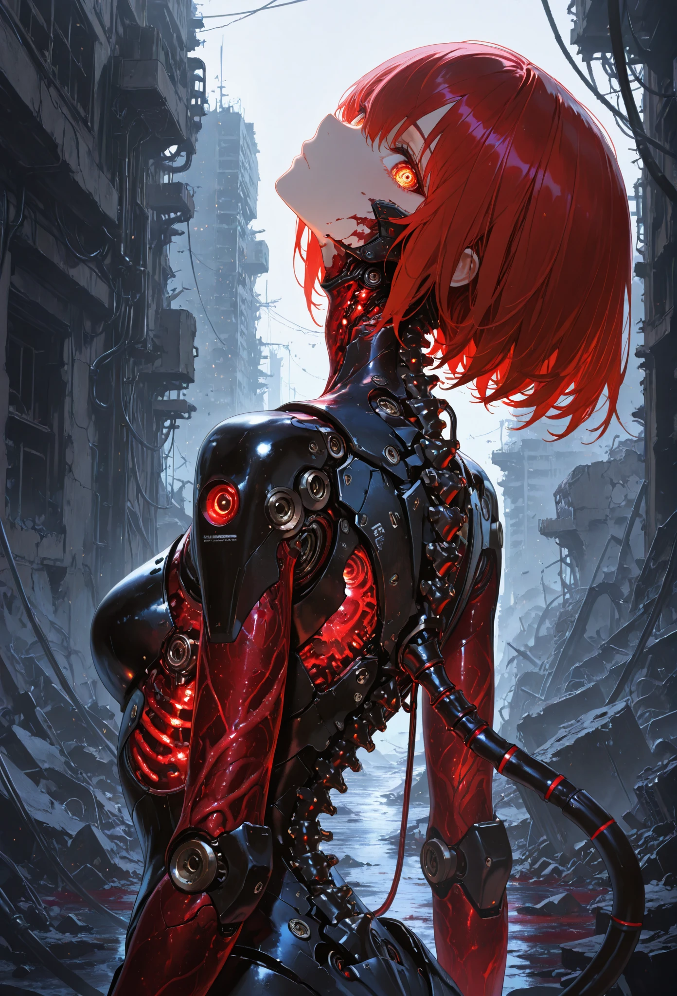 (masterpiece, top quality, best quality, official art, beautiful and aesthetic:1.2), 1girl, glowing eyes, facing camera, neon details, mechanical limbs,blood vessels connected to tubes,mechanical cervical attaching to neck,wires and cables connecting to head,blood,from side