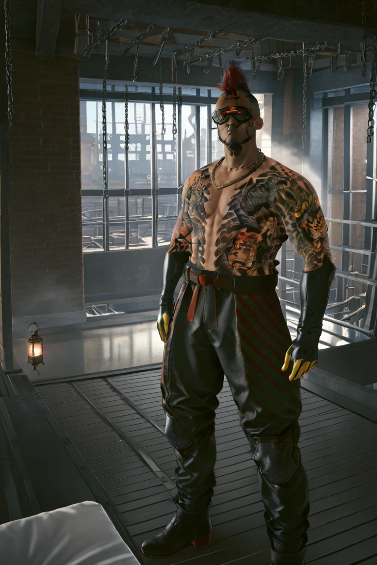 Picture a dystopian future in the year 2500, with a cyberpunk aesthetic. In the center of the frame is Kintaro, a burly Japanese man with a vibrant expression. He's equipped with a massive energy axe and is wearing a combat suit. His head is covered with a bear fur hat, and a bear-shaped pendant around his neck serves as a power booster. His companion is a massive bear, adding a unique element to the scene. The color scheme is a mix of gold and brown. The image should be rendered in a hyper-realistic style, with a high level of detail and a resolution of 16k. The lighting should be low and moody, with neon lights casting long shadows and creating a sense of drama. Use a telephoto lens to emphasize Kintaro and his bear against the backdrop of the desolate landscape. --ar 16:9 --v 5.1 --style raw --q 2 --s 750