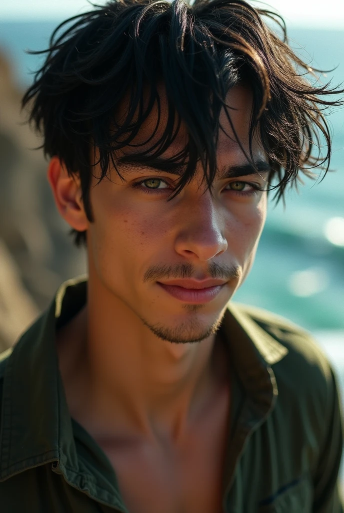 Black haired man l, golden eyes scar on one eye , pink mouth, shoulder tattoo, light brown
