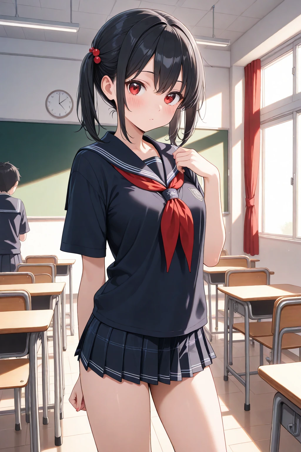 (top-quality、in 8K、32K、masterpiece、nffsw、超A high resolution、Impresionismo、Photorealsitic:1.2)、Colossal tits、cowboy shot, detailed faces and eyes、 Inside the classroom、Schools、Evening glow、beauitful face、blurry backround、16-year-old beautiful girl、shinny skin、short-hair、Beautiful black hair、Blunt bangs、Red Eye、(Katyusha:1.2)、a sailor suit、Pleated miniskirt、Curve、Stand on one knee、(I can see panties:1.2)、Smile with open mouth、Opening legs、