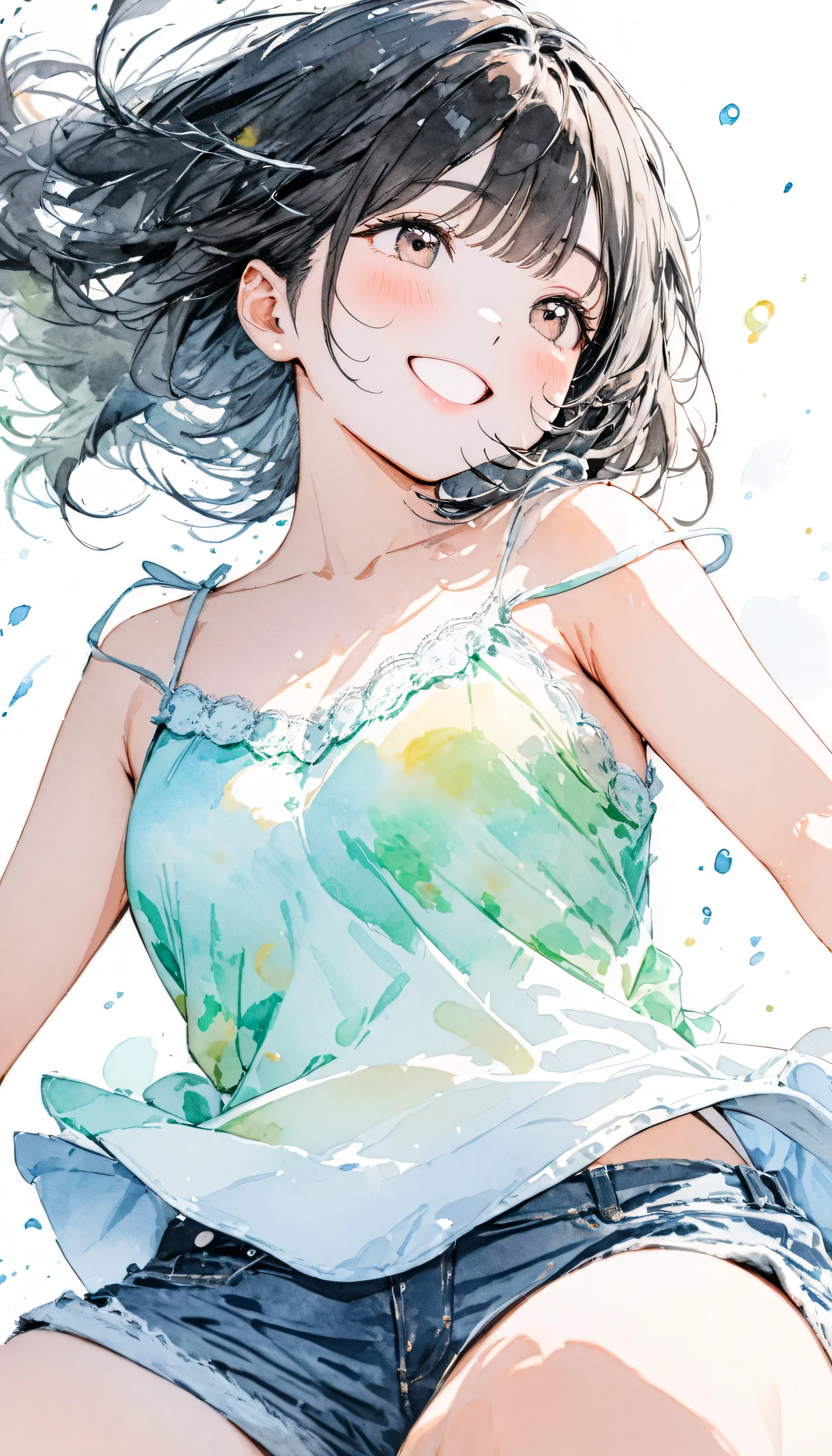masterpiece, best quality, ultra-detailed, 8k, high resolution, White background with pastel color splashes, Watercolor Art, watercolor painting, Watercolor style, Watercolor detailed art, Watercolor digital painting, Very detailed watercolor painting, 1 girl, camisole, Denim shorts, Black Hair, smile, young, Dynamic Angle