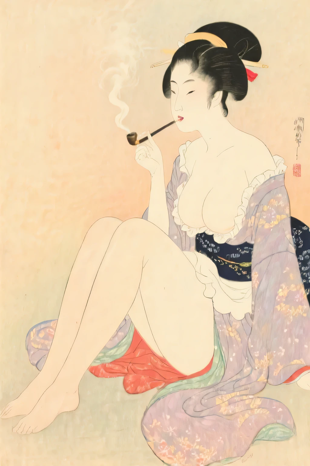 Naked Geishas Sexy Lying Sensual Beautiful Japanese flowers Japanese painting Anime drawing