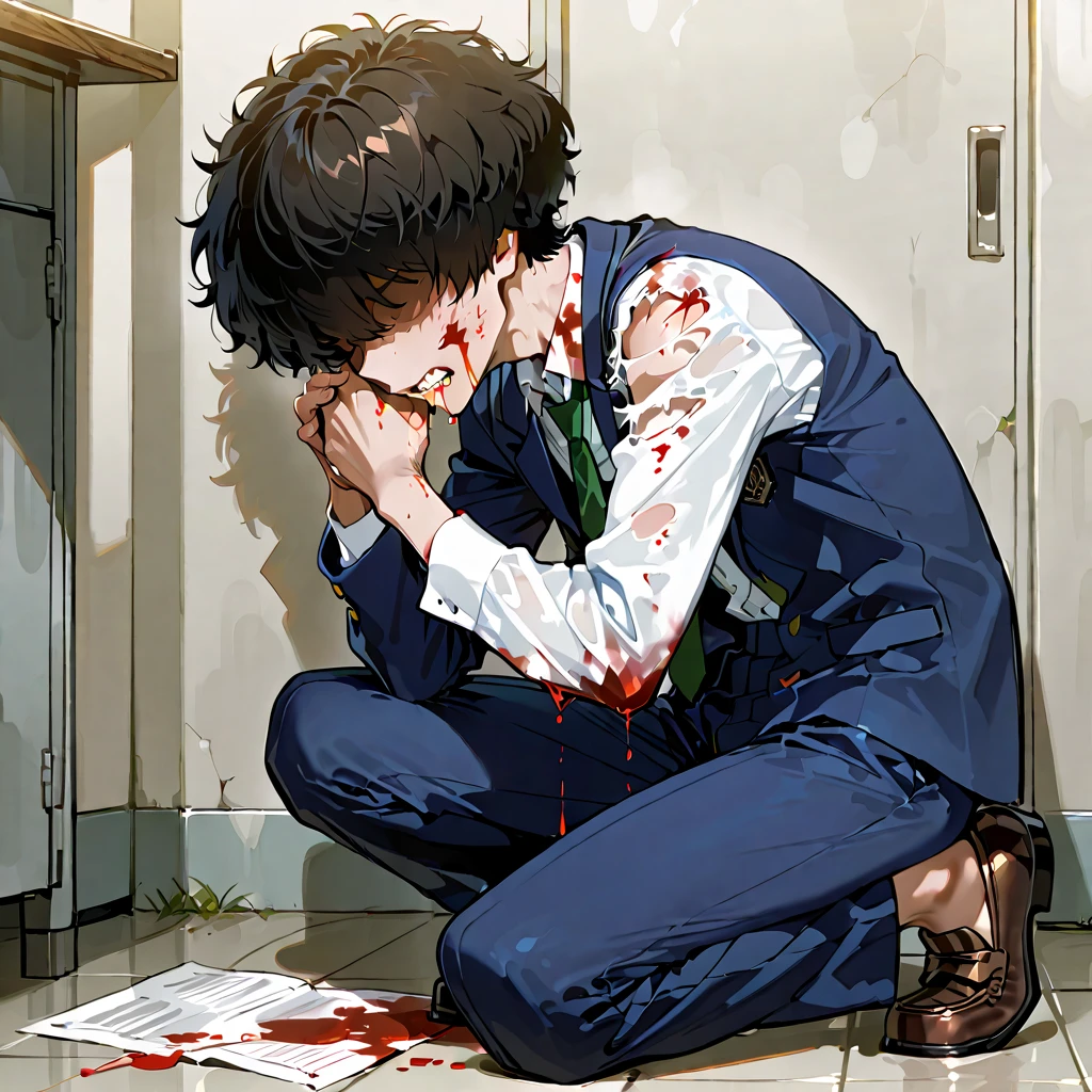 1 girl, by the wide. violet hair, Red eyes, vampire fangs, Angry, dressed in a black suit, walking down a hallway, soaked in blood