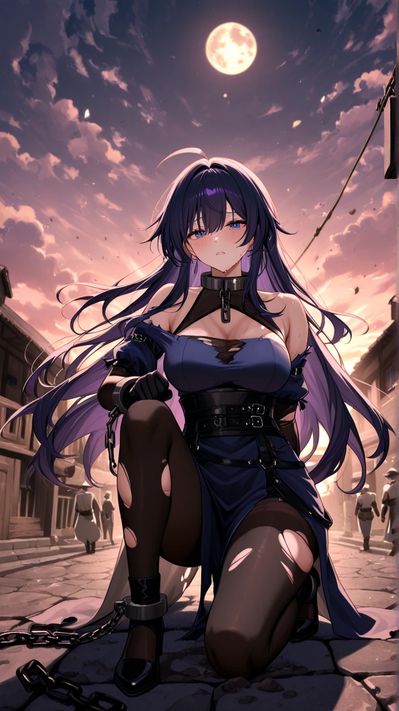 An adult woman, half wolf, black and blue hair, black ears, shining red eyes, wearing a black and blue dress, very angry, wide breasts, holding a sword