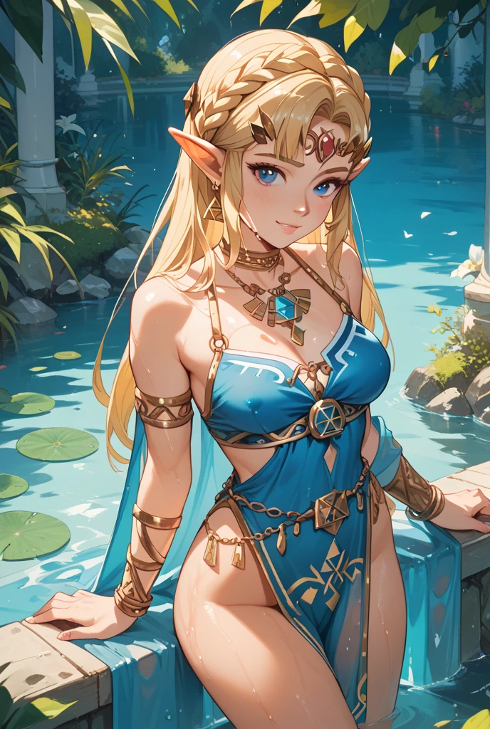best quality, masterpiece, highres, 1girl, bikini ,hair ornament,necklace, princess zelda, blonde hair, large breasts, jewelry,Beautiful face,upon_body, tyndall effect,photorealistic, dark studio, rim lighting, two tone lighting,(high detailed skin:1.2), 8k uhd, dslr, soft lighting, high quality, volumetric lighting, candid, Photograph, high resolution, 4k, 8k, Bokeh,