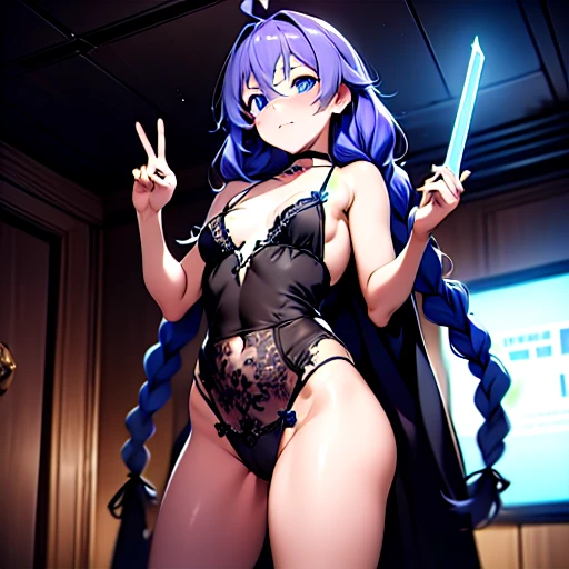 Uma mulher alta de corpo escupido, busty, cintura fina, , de seios grandes, tanned skin and dark purple hair that reaches toes, where the end is being tied with a fringe covering the left eye, enquanto ela tem fios de cabelo na altura do peito. pendurado em ambos os lados e olhos verdes claros, belo par de cochas, translucent skin, Curvas finas de corpo perfeito, power of a translucent green dragon (saindo de seu punho) .
