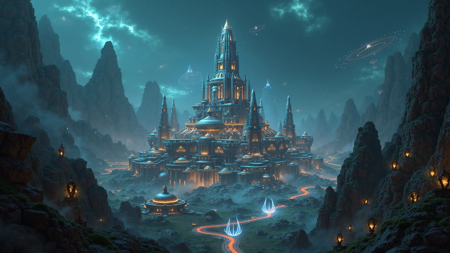 ((masterpiece)), ((best quality)), 8k, high detailed, ultra-detailed, science fiction, fantasy, Monastery , <lora:AetherPunkAI:1>
