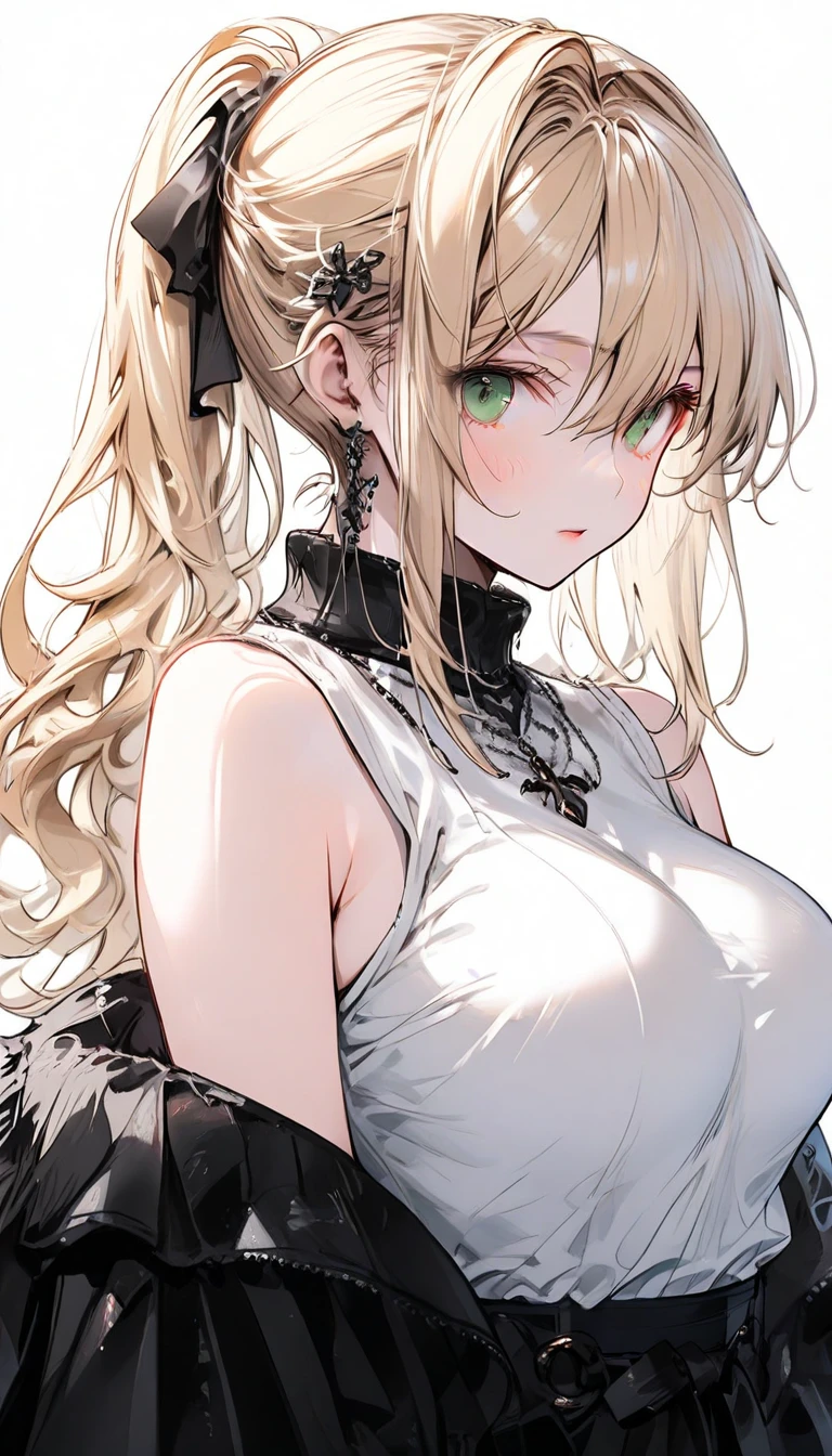 (bestquality, masterpiece), (An elegant girl , 1girl , solo, "black and silver Dress ", boobs ,standing, looking at the audience, "Blonde Hair", Long-haired, "pigtails" , Diadem, Gradient green eyes, closed mouth, shy ,smile , upper body ), (white background)