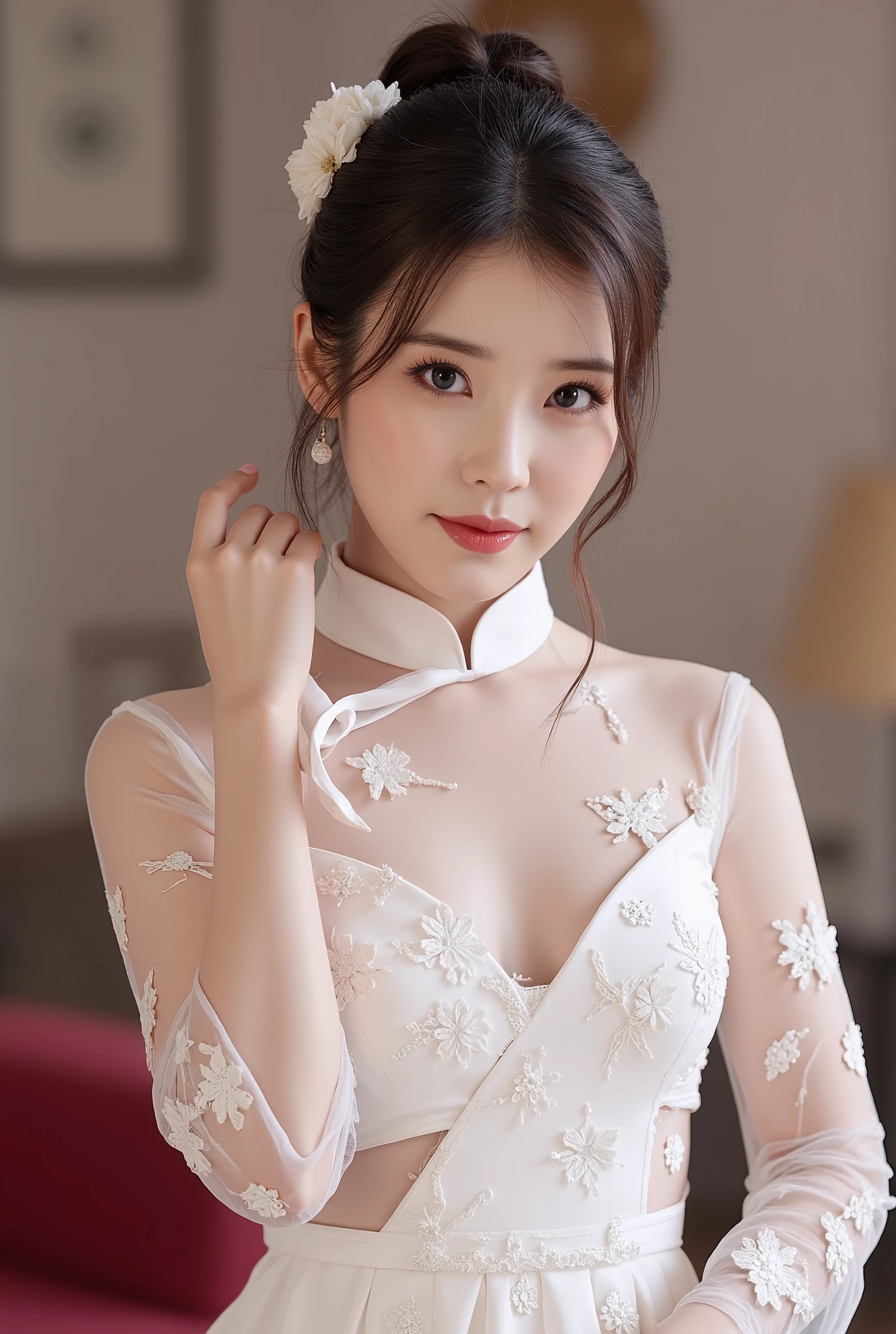 (belle fille en fleur), (chinoise), (robe transparente), (visage parfait), (proportion parfaite), (nue) nipples.