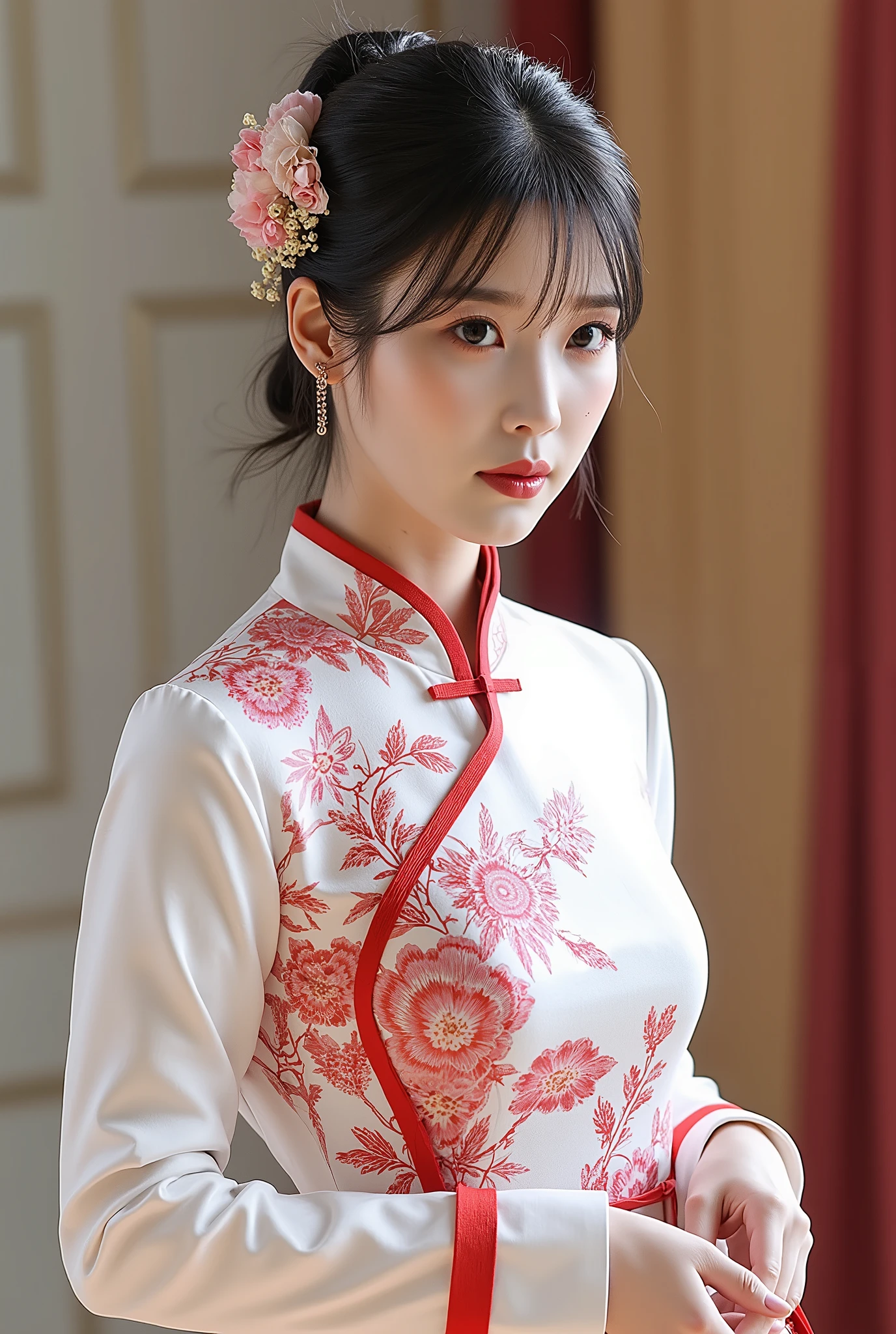 A pretty and lovely woman wearing a white cheongsam, red lace, short sleeves, palace background, beautiful.
