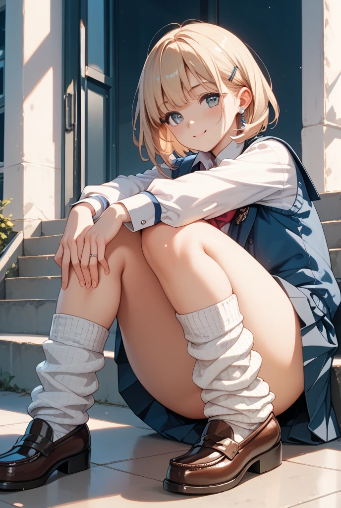 (((night,真night中))),((Perfect Anatomy:1.2,Realistic:1.3,Raw photo:1.3,masterpiece、highest quality、Ultra - High resolution、High resolution、Extremely detailed CG、8k)),Cowboy Shot,((attractive way to sit)),((((squatting pose)))),1 female,alone,18-year-old、High school girl beautiful girl,Japanese,((Beautiful and exquisite face and eyes:1.2,Big beautiful eyes:1.3,)),Blonde,Long Hair,(Center parted hair:1.4,amount),Medium chest,Slender body,Small Head:1.3,skinny,(Brown Skin:1.4),(Oily skin,Glowing Skin,Shiny skin,Sweat:1.2),(school uniform、Dark blue blazer jacket、Checkered pleated mini skirt),Dirty back alley、Tokyo、((Turn your body forward))、((((show panty)))),(lonely),((Feeling melancholy))