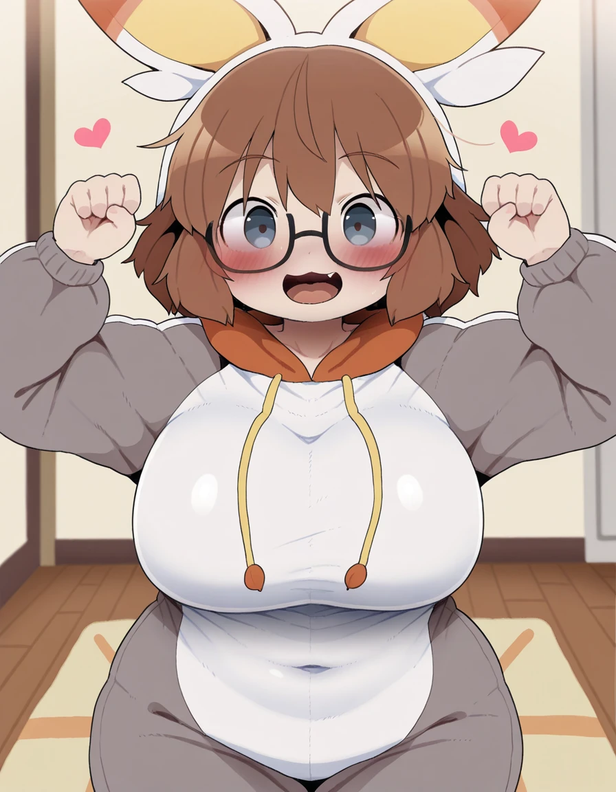 master-piece, bestquality, 1girls,16 years old, View viewers from the up, sit down, leaning forward, horny, HD, slight smile, big tits, cleavage, short orange hair, tights cloth, crop top, miniskirt, heart shape pupille, horns, tiny body, wear glasses, paizuri invitation, no bra, cum