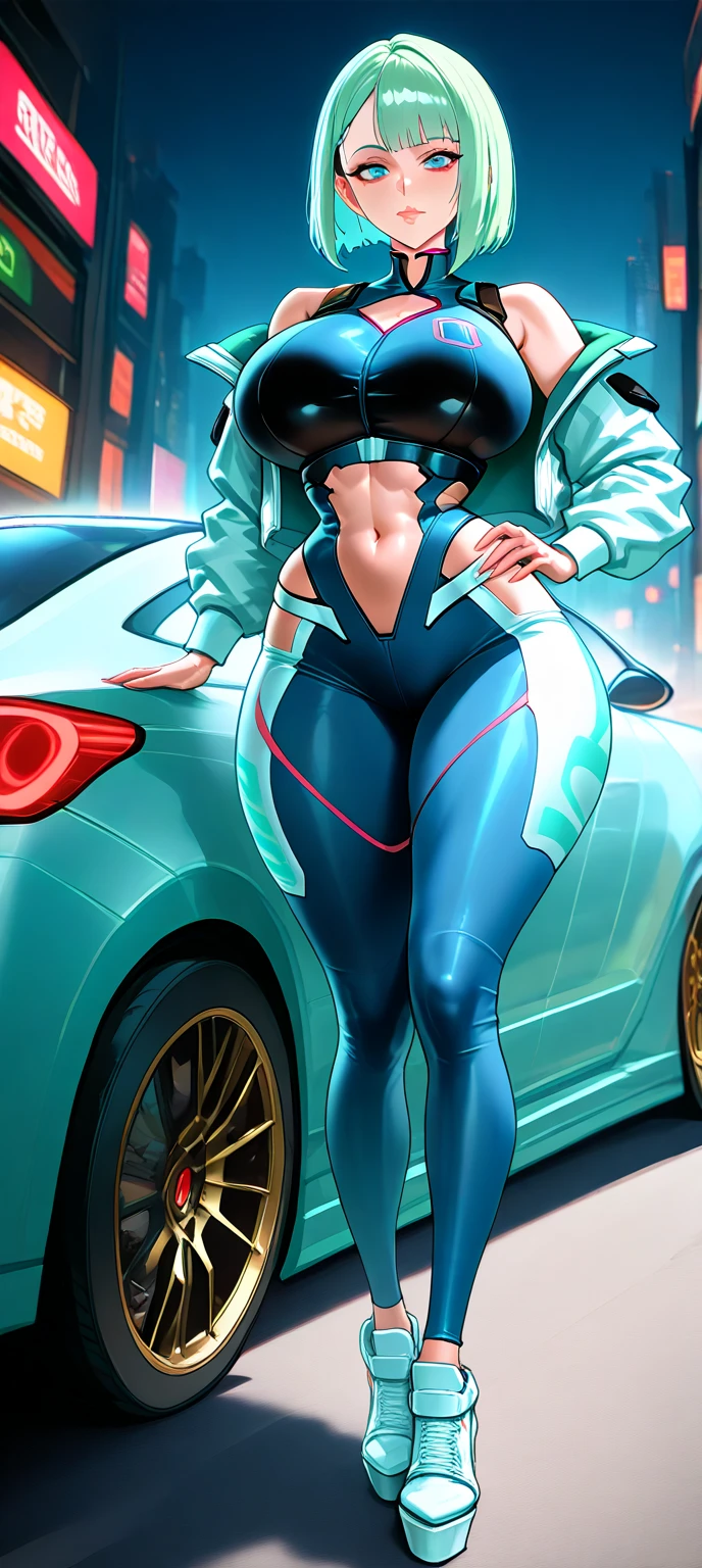 1girl, breasts, wide hips, large breasts, blonde hair, short hair, very short hair, hair, blue eyes, light smile, bikini, white bikini, futuristic, tech, machinery, science-fiction, hourglass figure, shoes, sneakers, neon trim, blue neon trim, neon, car, sports car, sport car