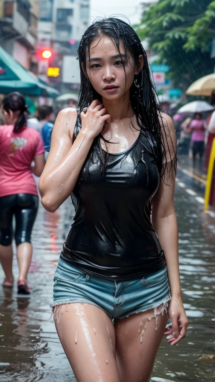 1girl, (perfect anatomy 1.6)(precision 1.5)(masterpiece)happy face, in the rain, long wavy hair, silver-black hair, rouge skin, close up shot, thirty degrees left view, lean to the left, matches stick in the lips, bare shoulder, ((rip clothes 1.8)) t-shirt ((torn t-shirt 1.6)), wet, (super accurate 1.2)(super detailed 1.5)