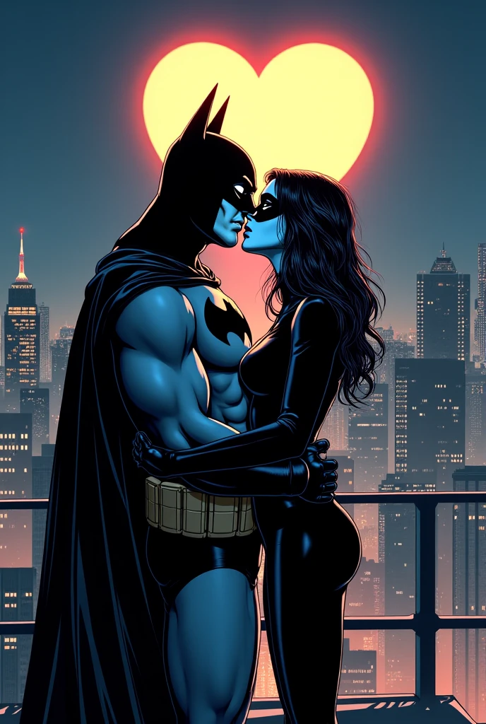 batman and CatWoman find themselves alone on a rooftop, their hearts longing to connect. As they share their dreams, a gentle touch and a lingering gaze speak volumes. Under the moonlit sky, they share a passionate kiss, knowing their love is stronger than their superhero duties. Fingers entwined, they continue their mission, united and unstoppable.