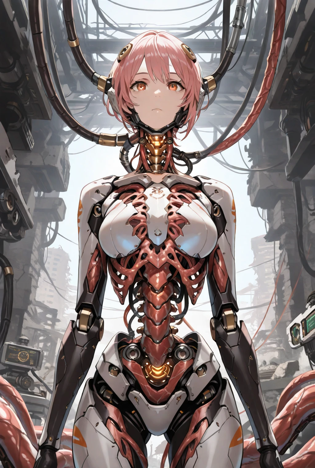 (((Masterpiece)))), (((highest qualityr)))), ((Ultra Definition)), (Very detailed photoreality), ((very delicate and beautiful)), (Delicate and pretty face), cinematiclight, (((1 girl)), only, whole body, Big, The neckline is visible on the skin, cana, purple eyes, bright Eyes, Thighs exposed skin, (Mechanical joints: 1.4), (mechanical limbs)), ( Blood Vessels Attached to Tubes), (((Machine vertebrae attached to the back)), ((Cervical vertebrae of machines) attached to the neck)), (((sitting)), Expressionless, (Wires and cables attached to the head and body: 1.5), (Character focus), Small LED lamps on the body, Evangelion, Sf, Metal, metallic body, detailed neon, hydraulic cylinder