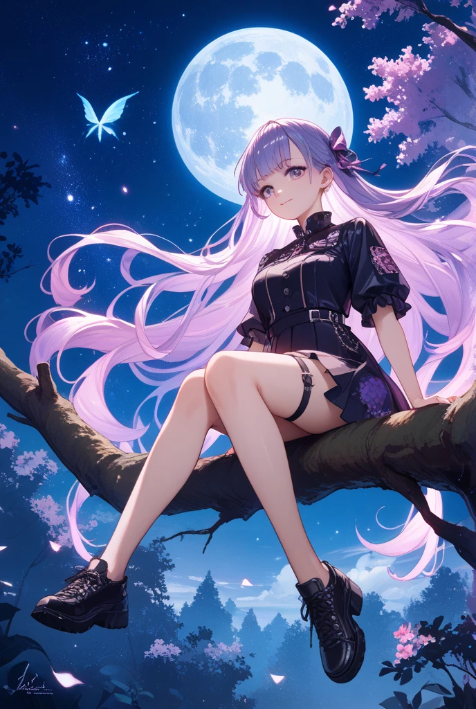 young women, purple hair, absurdly long hair, wavy hair, high ponytail hair, parted bangs bangs, simple waring white collard shirt and slacks thigh high stockings boots, modern Wheat field nighttime,