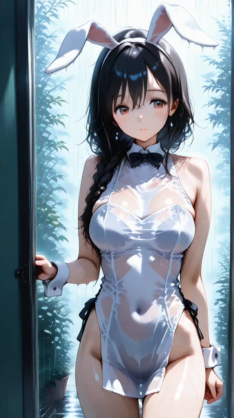 Highest quality、high resolution、High definition、HD、((Dark room with no windows))、(Nitta Minami、Long Hair、Medium chest、Brown Hair、Brown eyes、Glossy lips、Glowing Skin、Realistic skin texture、((White transparent mesh leotard))、(A plain leotard with sheer mesh)、Sit with your legs apart、Show me your crotch)、Staring at me、Love me、blush、(Laughing with your mouth open)、(Zoom in on the crotch、Very close to me)