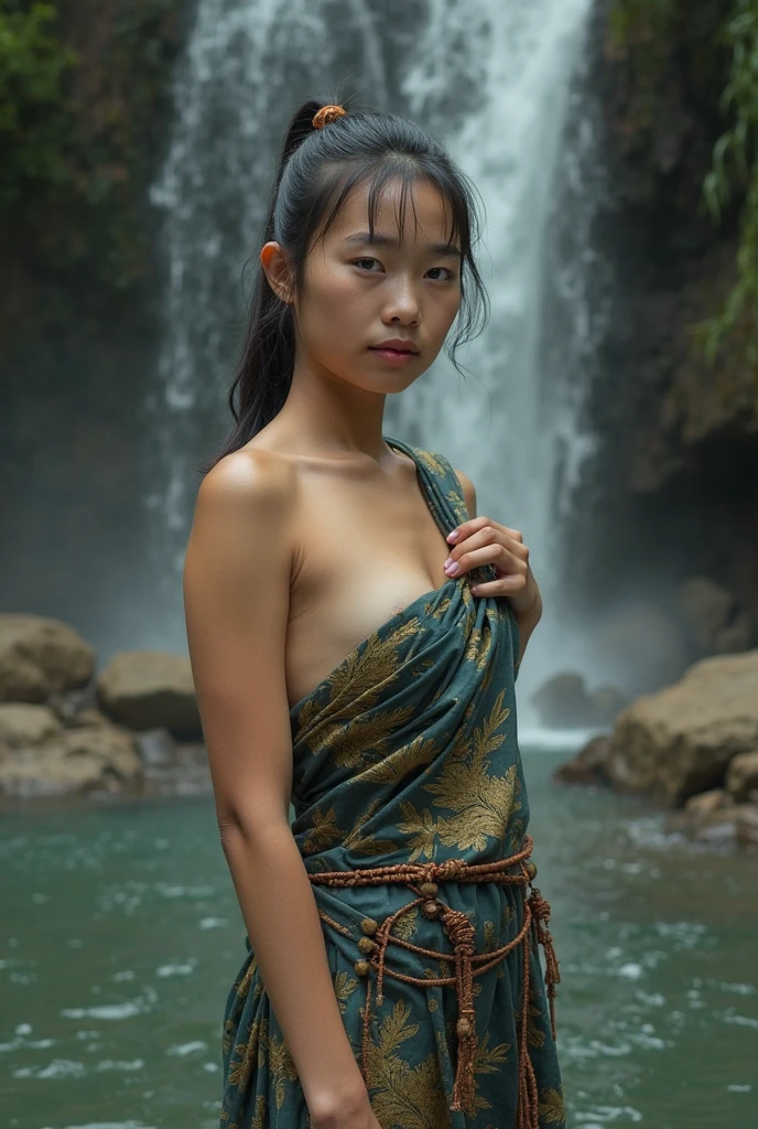 A serene and beautiful scene of an Indonesian girl in her early twenties, wearing a vibrant red sarong. Her long, dark hair cascades down her back, gently dancing in the breeze that caresses her face. She stands at the riverbank, her bare feet sinking into the soft, sandy shore. The sunlight reflects off the rippling waters, casting a warm glow upon her skin. In the distance, lush greenery lines the riverbank, creating a picturesque backdrop for this idyllic setting., soft focus, depth of field, 8k photo, HDR, professional lighting, taken with Canon EOS R5, 75mm lens