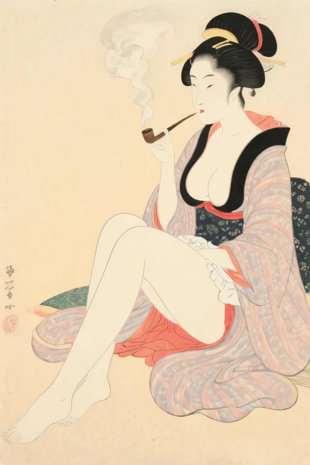 historical japaneese painting, pornographic, nude woman, samurai