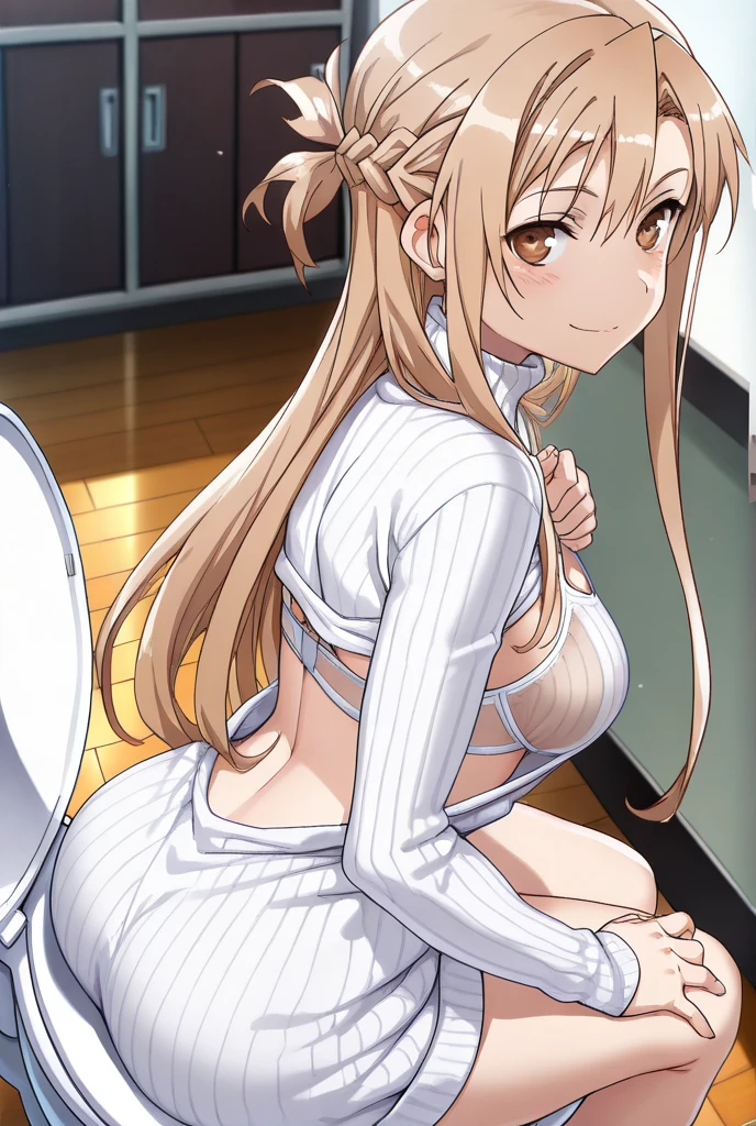 best quality, 32K,UHD, masterpiece, cowboy shot, BREAK, one girl, kawakami_mai, blonde hair, long hair, side ponytail, purple eyes, sweater vest, , skirt, large breasts, ribbon, hair ribbon, erect nipples, mole under eye, sexy woman, embarrassed, blush, vibrant colors ,natural lighting ,RTX, , beautiful, (detailed face:1.2), showcase, (perfect eyes:1.1) ,(photorealistic:1.1), BREAK , looking at viewer, outdoors, underwear, a smile, embarrassed, Adults, dressing room, black panties, upturned skirt,(((crawl))), (((from the back)))