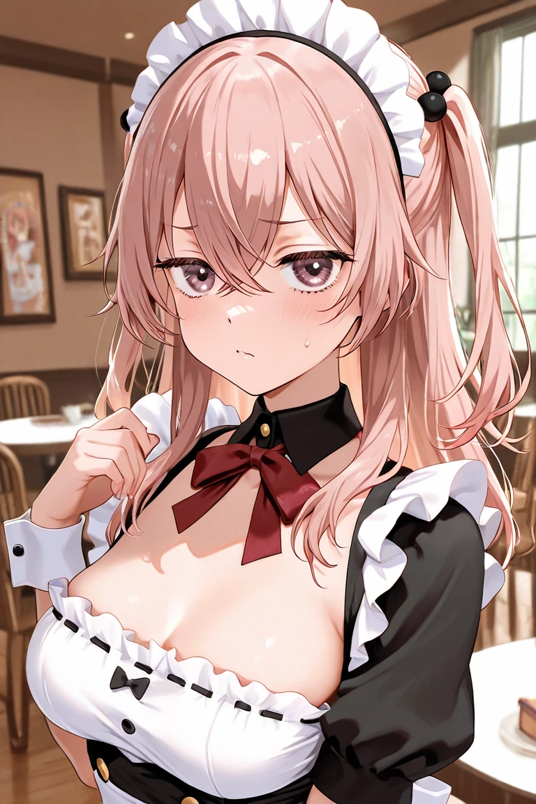 1girl, solo, nakano nio, pink hair, butterfly hair ornament, (naked:0.7), (white apron), large breasts, cleavage, thighs, cafe background, (blushing:1.2)