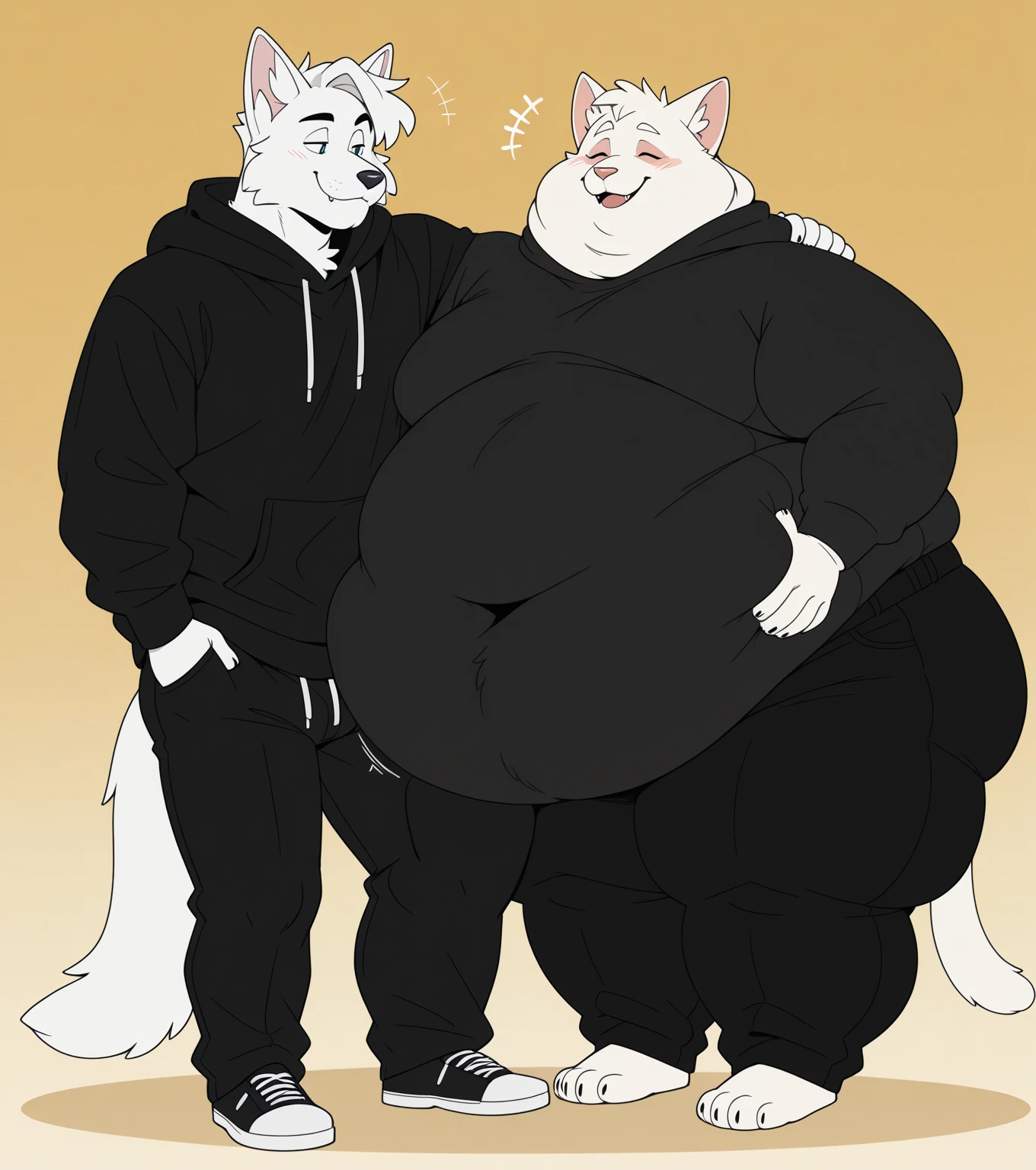 solo, arctic fox, two identical heads on one body, arctic fox ears, tail, masculine, necks, eyes, adult, male, 50 years old, by dramamine, (ugly, fat, obese, chubby, big belly, sweaty, white fur, solid gray background, (black sleeveless shirt, pink boxers), correct hands, correct anatomy, (ultradetailed, best quality, detailed masterpiece, highly detailed masterpiece, 4k, professional cartoon), (natural pose, sitting on couch, nuanced expressions)