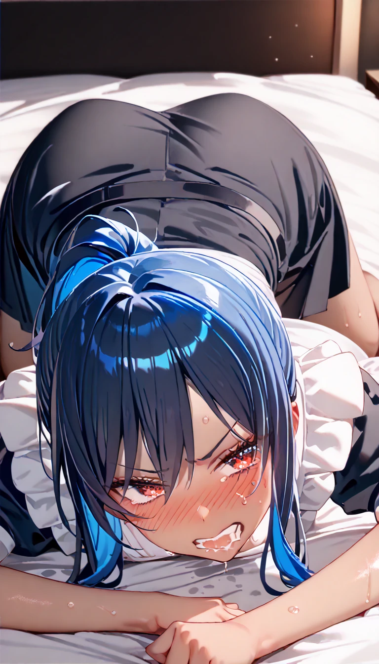 1Girl flar skin, and pigtails blue hair with bangs has big breasts, dress with black Maid suit with white stockings, with dark brown shoes, and with blue eyes pupils, with white gloves top-down bottom-up leggings, very closeup solo,