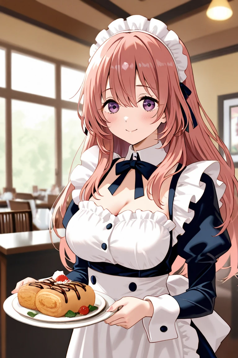 1girl, pink hair, alternate costume, apron, bangs, black bow, blue eyes, bow, medium breasts, cleavage, closed mouth, cube hair ornament, detached collar, enmaided, food, frilled apron, frills, hair ornament, holding, holding plate, ketchup, large breasts, looking at viewer, maid, maid headdress, omelet, omurice, plate, short sleeves, simple background, solo, sweat, white background,