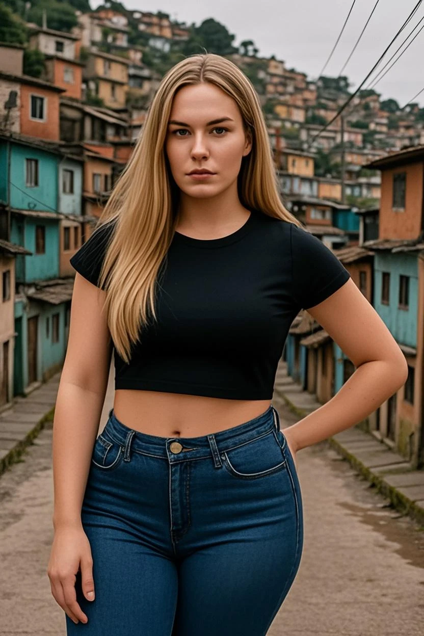 a 25 year old girl, medium breasts, wide hips, thin waist, platinum hair, blue eyes, walking through the streets of São Paulo, wearing jeans and a yellow blouse